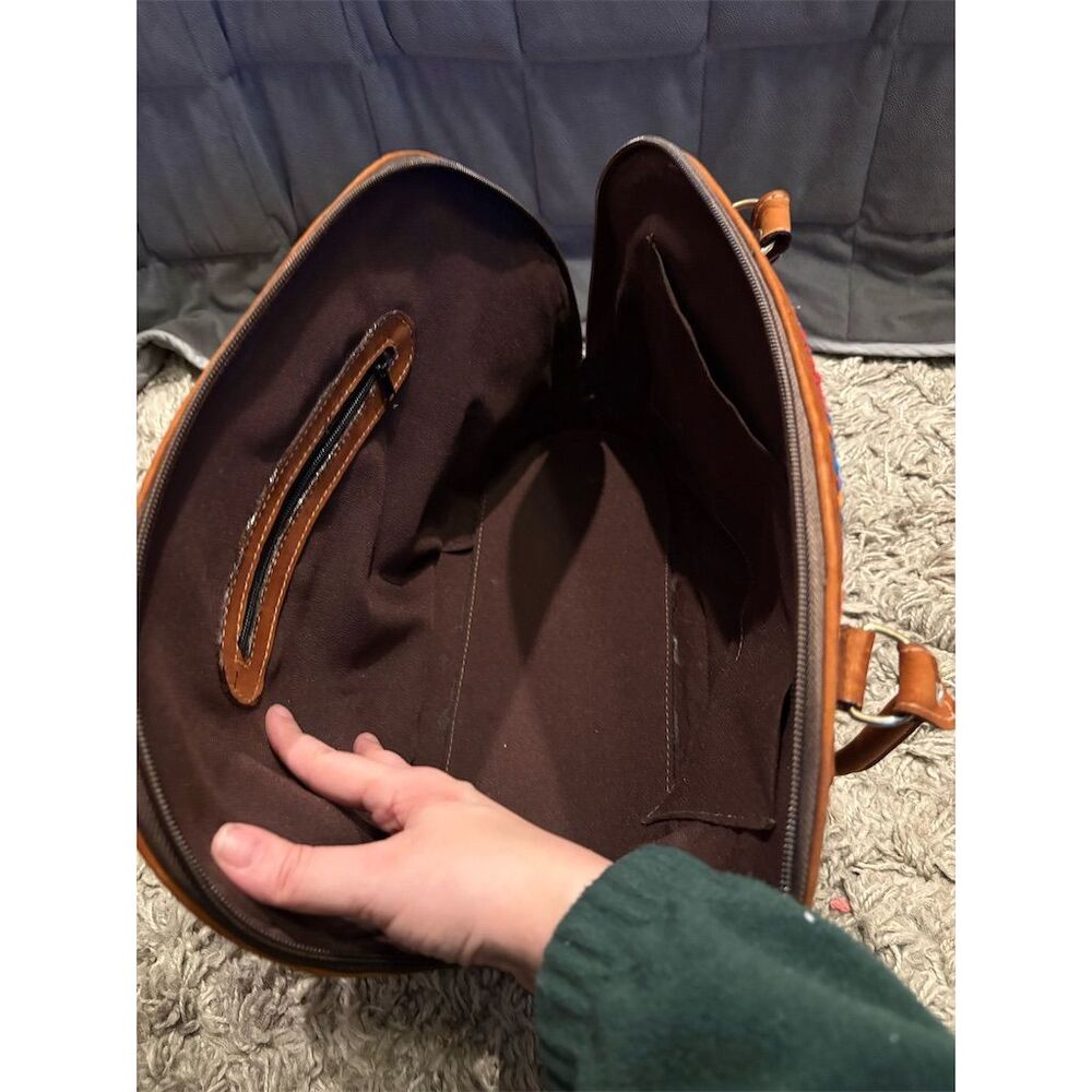 Artisan Handwoven Multicolor Brown Shoulder Bag with Suede Leather Trim - Picture 11 of 16
